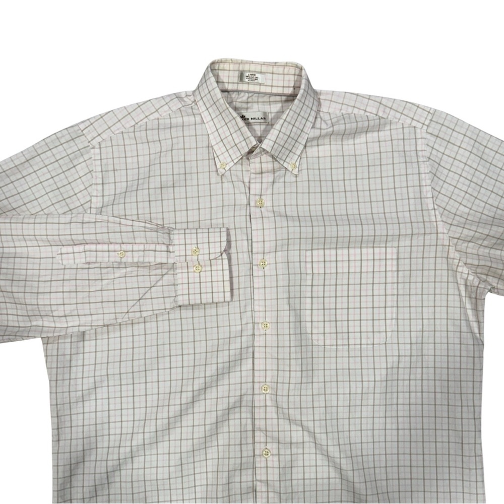 Peter Millar Long-Sleeve Plaid Shirt Large Brown /Pink Cotton Pocket Button‎ Up